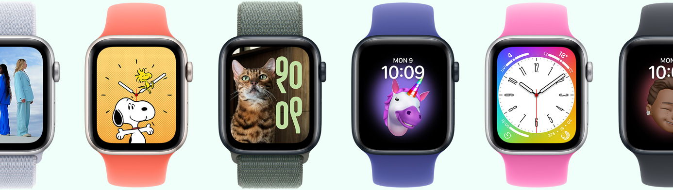 К?лька пристро?в Apple Watch ?з р?зними вар?антами циферблат?в