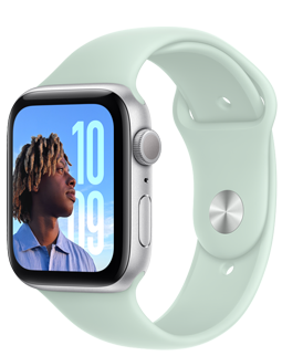 Apple Watch SE з алюм?н??вим корпусом ср?блястого кольору та спортивним рем?нцем аквамаринового кольору (блакитний / зелений).