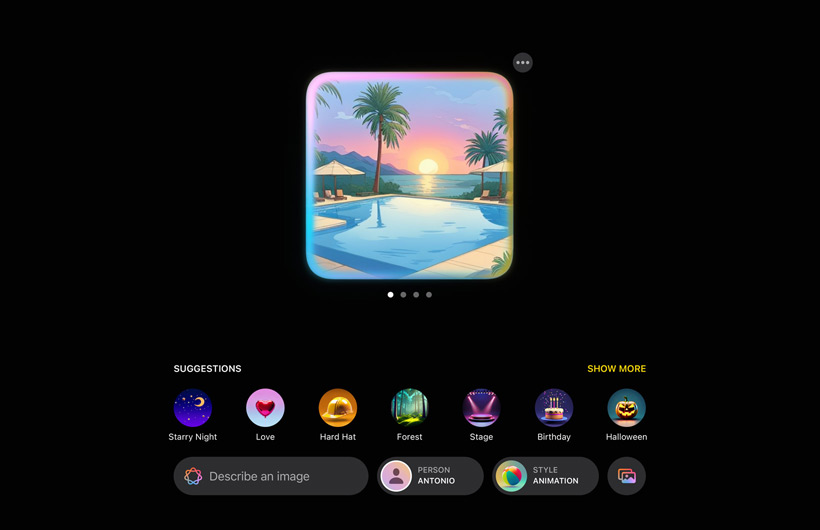 UI of the Image Playground experience shows a pool in a tropical landscape with the sunset in the background with suggestions for more elements to add to the image