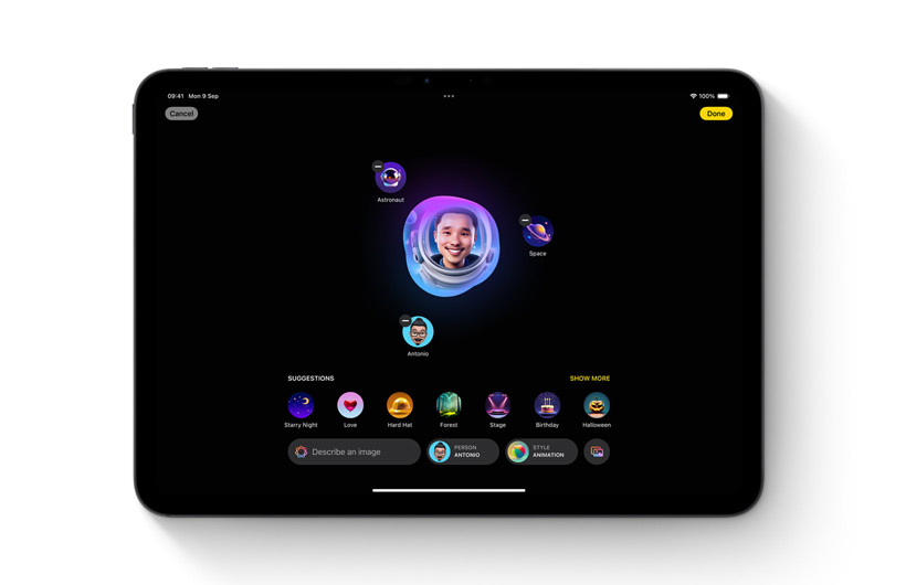 Image Playground app is shown on iPad. A custom image in the centre is surrounded by different ideas and keywords used to make it.