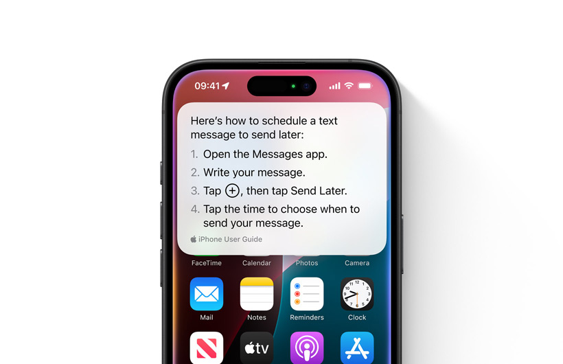 An iPhone is shown with step-by-step guidelines on how to schedule a text message to send later