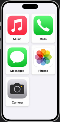 Egyszer?sített iPhone-f?képerny? a Zene, Hívások, üzenetek, Fotók és Kamera appal.
