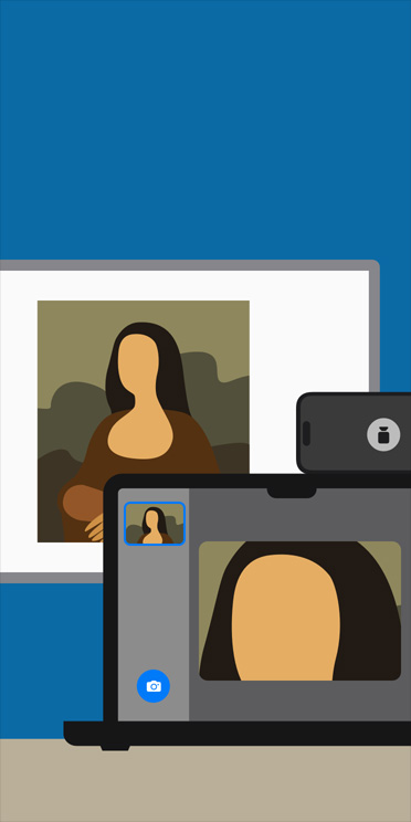 Illustration animée de l’app Loupe sur MacBook effectuant un zoom sur une image de La Joconde affichée sur le tableau d’une classe