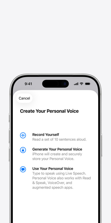 écran d’un iPhone 17 Pro montrant la fonctionnalité Voix personnelle et des directives pour créer sa propre voix