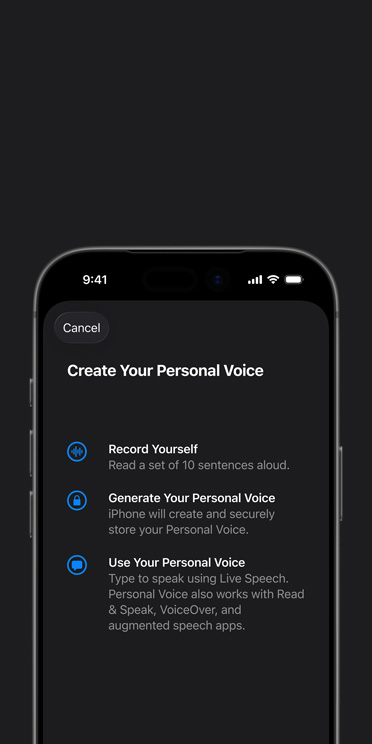 écran d’un iPhone 17 Pro montrant la fonctionnalité Voix personnelle et des directives pour créer sa propre voix
