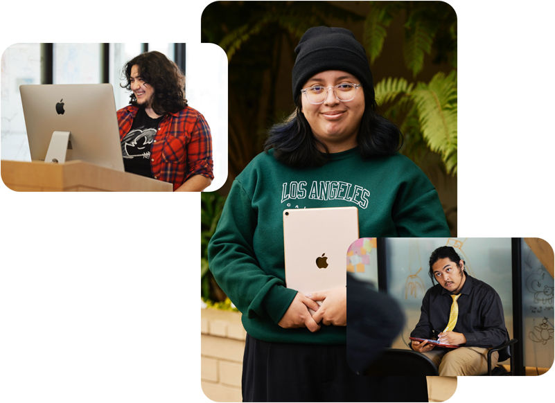 Trois photos montrant des élèves du programme Exceptional Minds, élève travaillant sur Mac, élève tenant un iPad dont la face arrière est visible, élève observant une personne modèle et dessinant sur iPad avec l'Apple Pencil