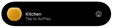 An AirPlay graphic showing music being played to a HomePod?mini titled Kitchen
