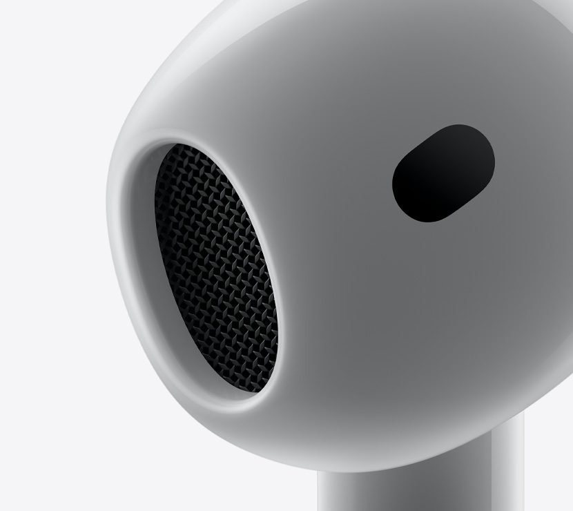 N?rbild av den koniska delen av en AirPods 4-sn?cka som s?tts in i ?rat.