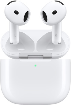 AirPods 4 sv?var ovanf?r laddningsetuiet med locket ?ppet.