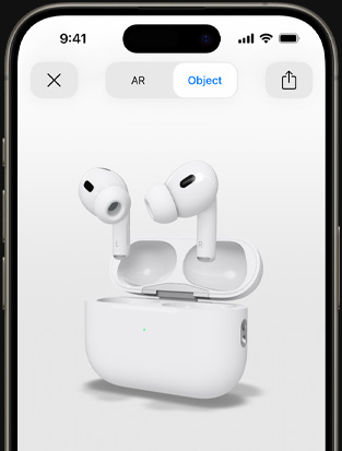 An iPhone screen shows augmented reality rendering of AirPods Pro.