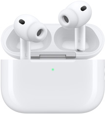 AirPods Pro 3 et étui de recharge MagSafe (USB-C), extérieur arrondi de l’étui, voyant d’alimentation à DEL, couvercle de l’étui ouvert, couleur blanche, écouteurs sans fil avec embouts en silicone, lettres L et R inscrites à l’intérieur des tiges