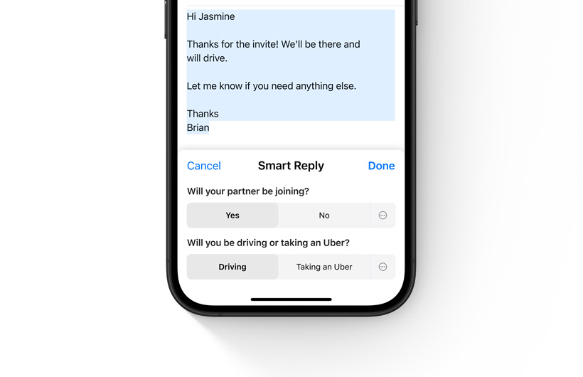 Opcje funkcji Odpowied? inteligentna w apce Poczta wy?wietlane na iPhonie.