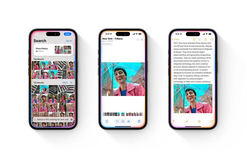 Bir iPhone’da bir arama a??klamas?yla birlikte Foto?raflar ar?ivi g?steriliyor. ?kinci bir iPhone’da, aramaya g?re favorilere eklenen tek bir foto?raf?n a??k oldu?u g?rünüyor. ü?üncü bir iPhone, Notlar uygulamas?nda bir nota dahil edilmi? foto?raf? g?steriyor.