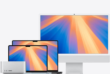 Mac Studio, MacBook Air azul-céu, MacBook Pro preto-espacial e iMac prateado