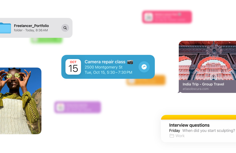 Trechos de informa??es como eventos do calendário, fotos e notas mostram as inúmeras fontes que a Siri pode aproveitar.