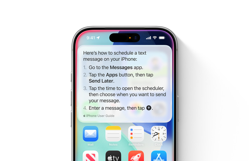 Un iPhone où est affichée une explication détaillée de la marche à suivre pour programmer l’envoi d’un texto
