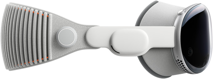 Apple Vision Pro 的側(cè)面，已裝配遮光環(huán)和可調(diào)校的編織頭帶。