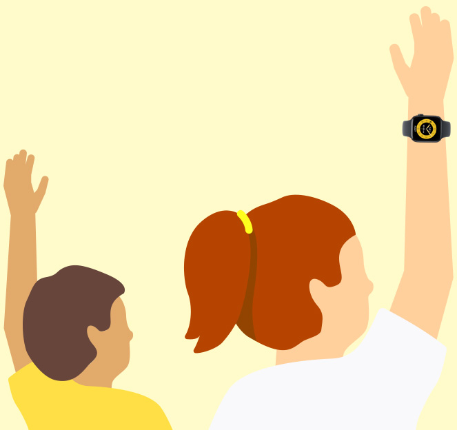 Illustration of child wearing Apple Watch SE 3 raising their hand in school