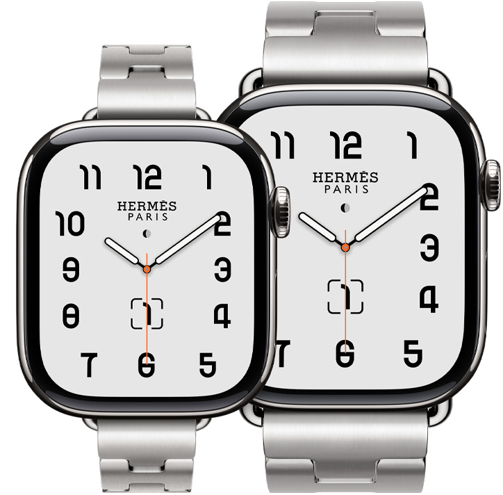 Dos dispositivos Apple Watch Hermès Series 11, caja de titanio, color plata, correas Grand H Fin y Grand H color Satiné
