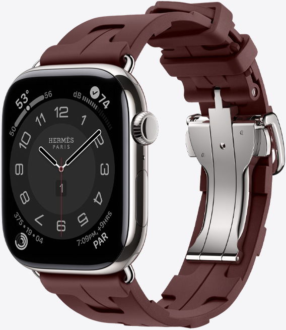 Apple Watch Hermès Series 11, Titangeh?use, Farbe Silber, Kilim Armband, Farbe Bordeaux, leicht zu ?ffnende Metallschliesse Silber