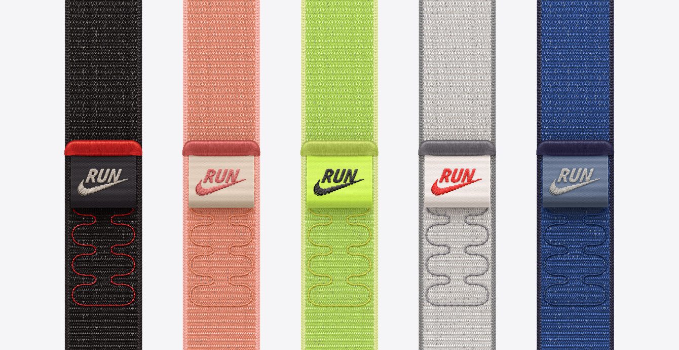 Farver p? Nike Sport Loop: Midnight Black, Alpenglow Pink, Volt Splash, Veiled Grey, Blue Ribbon