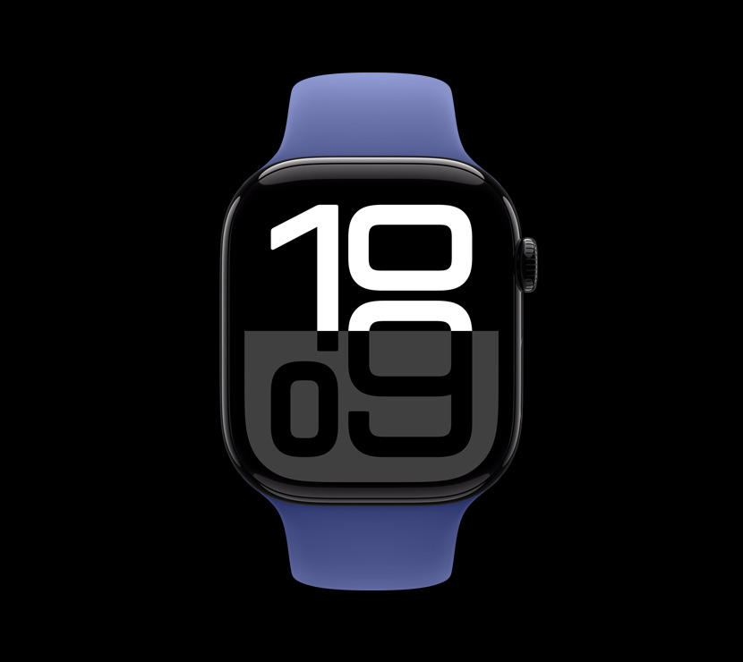 Tampilan depan warna aluminium Hitam Legam pada Apple Watch Series 10.