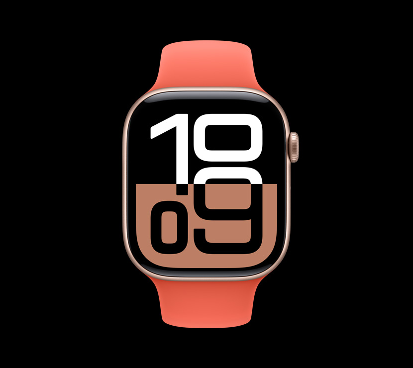 Tampilan depan warna aluminium Emas Rose pada Apple Watch Series 10.
