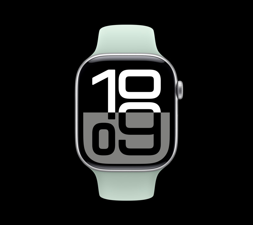 Tampilan depan warna aluminium Perak pada Apple Watch Series 10.