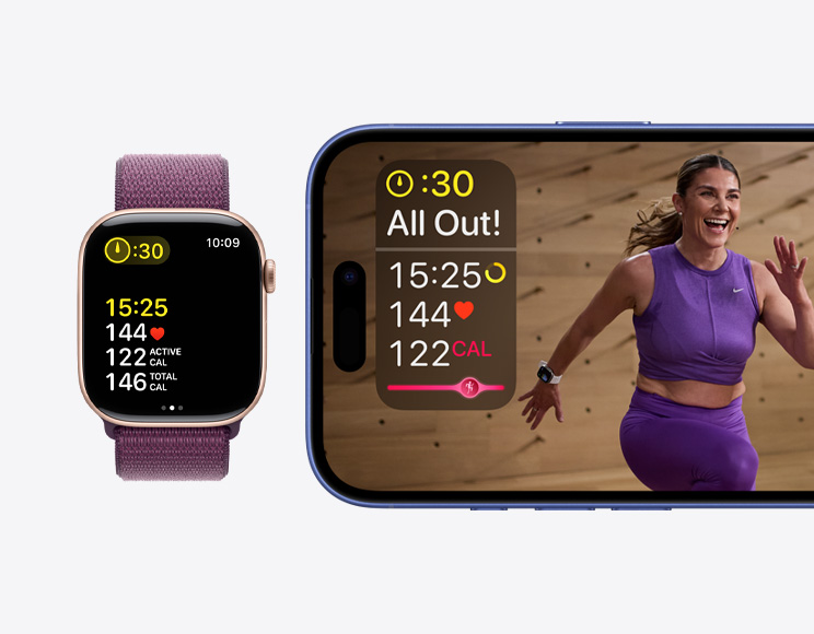 Olahraga Apple Fitness+ dengan metrik waktu, detak jantung, dan kalori yang terbakar pada iPhone di sebelah olahraga Apple Fitness+ yang menampilkan metrik yang sama pada Apple Watch Series 10.