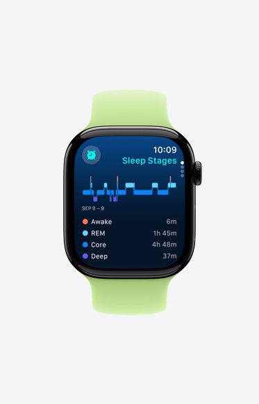 Fase Tidur dalam aplikasi Tidur memperlihatkan waktu yang dihabiskan seseorang dalam REM, tidur inti, tidur lelap, dan terbangun.