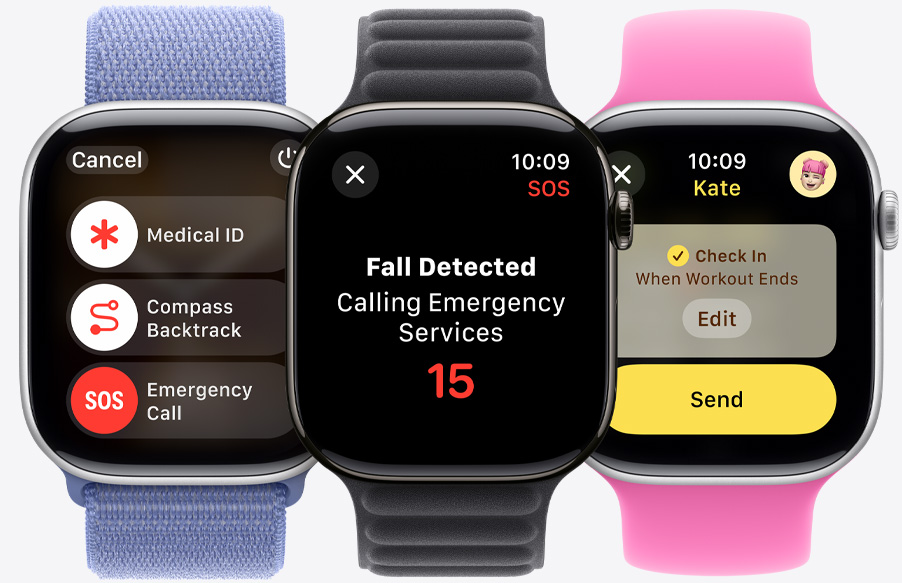 Slider panggilan darurat ditampilkan bersama slider ID Medis dan Susuri Kompas di Apple Watch Series 10. Insiden jatuh terdeteksi pada Apple Watch Series 10. Check In yang akan dikirimkan kepada seseorang pada Apple Watch Series 10.