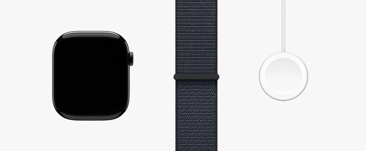 Berderet dalam satu baris: tampilan depan perangkat keras Apple Watch Series 10, tali jam Loop Sport Ink, dan Kabel Pengisian Daya Cepat Magnetis ke USB-C.
