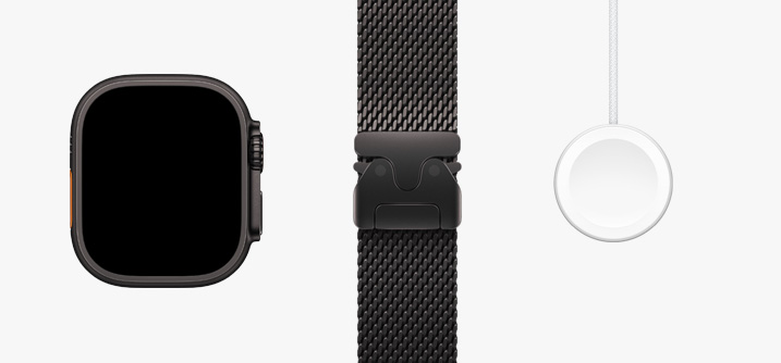 Sur une rangée : vue avant du bo?tier de l’Apple Watch Ultra 2, Boucle Trail orange et beige et Cable de charge rapide magnétique vers USB?C.