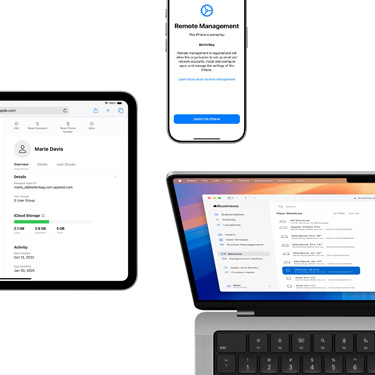 iPad, iPhone et MacBook affichant divers composants d’Apple Business Manager.