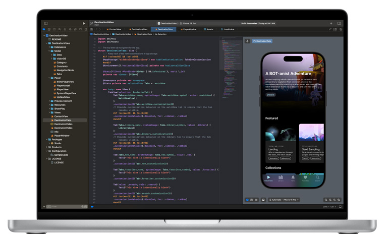 一臺(tái)打開的 Mac，顯示著 Xcode 應(yīng)用程式。