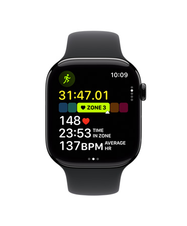 Apple Watch Series 10, black Sport Band, front, UI reads Workout, Outdoor Run, Heart Rate Zones