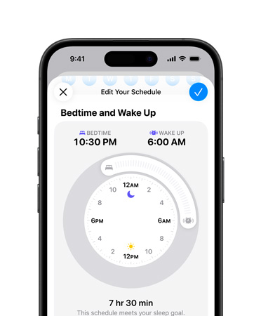 iPhone, Health app open to sleep schedule, bedtime set to 22:30, wake up set to 6:00, radial time dial in center screen, 7 hr 30 min sleep goal met