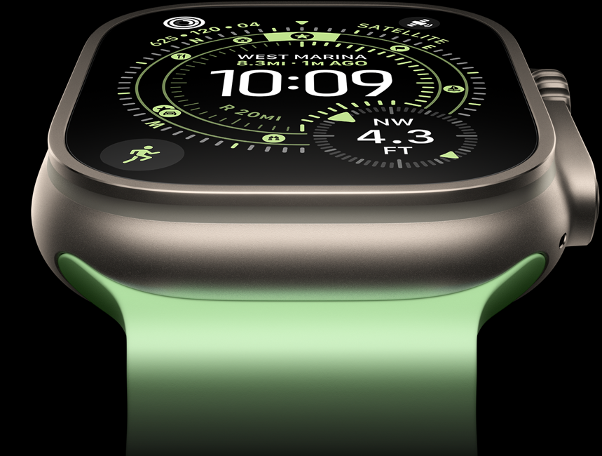 Apple Watch Ultra 3,  titanium case, natural color, compass on Orienteering watch face, Ocean Band, neon green color