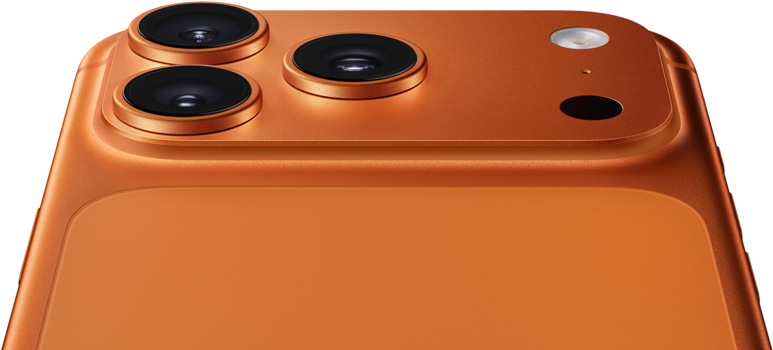 A back view of the iPhone 17 Pro in Cosmic Orange showing all three 48 MP cameras.