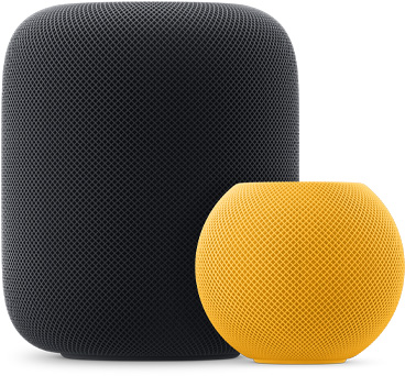 Un HomePod mini amarillo en primer plano y a la derecha de un HomePod medianoche.