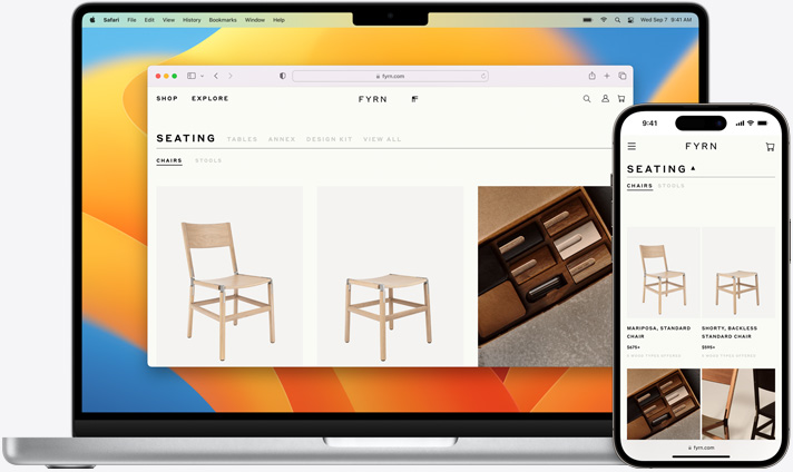 Obrazovky MacBooku a?iPhonu se stejnou stránkou v?Safari na obou za?ízeních