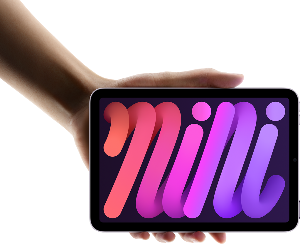 Una mano sostiene un iPad mini en horizontal para mostrar su tama?o compacto y portabilidad.