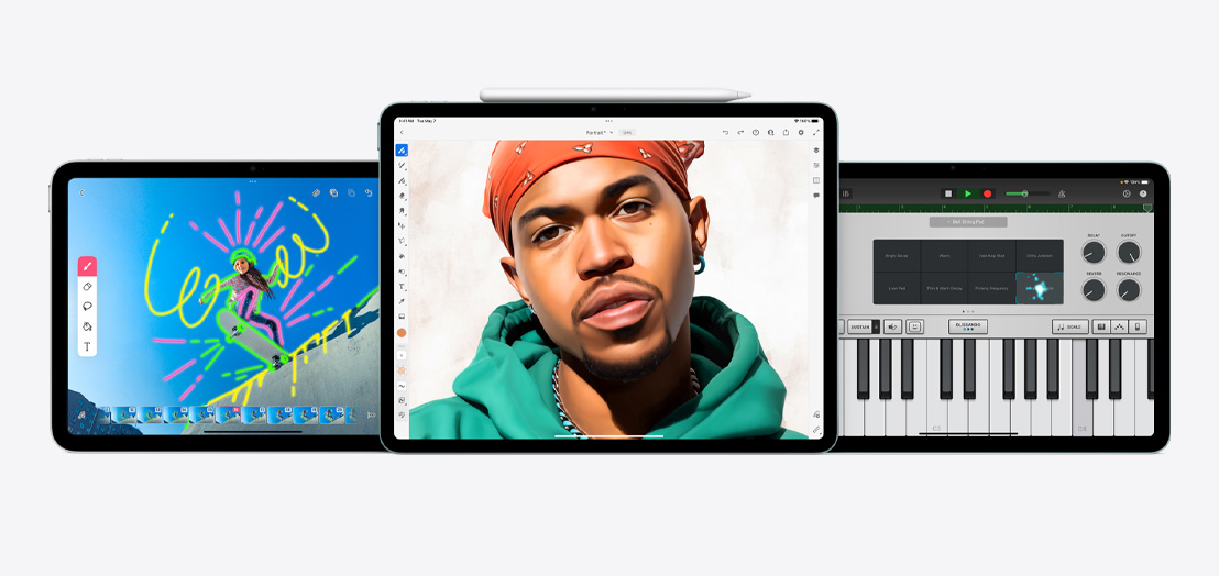 Deux iPad et un iPad Air affichent les apps FlipaClip, Adobe Fresco et GarageBand.