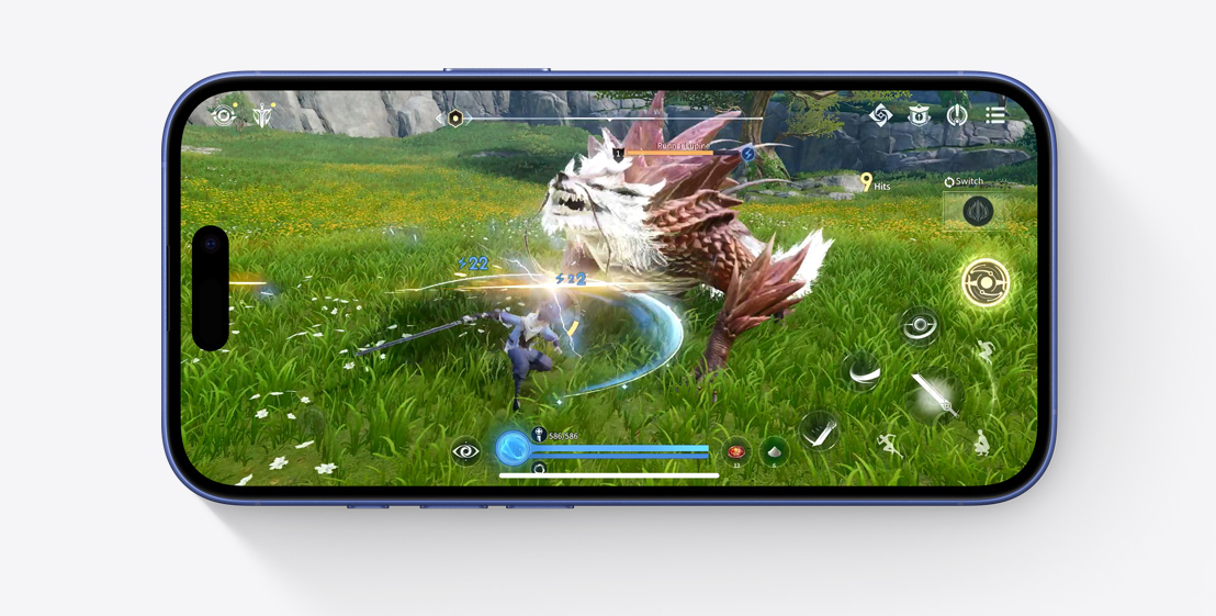 A horizontal iPhone 16 Pro displays a scene from the Honor of Kings: World video game.