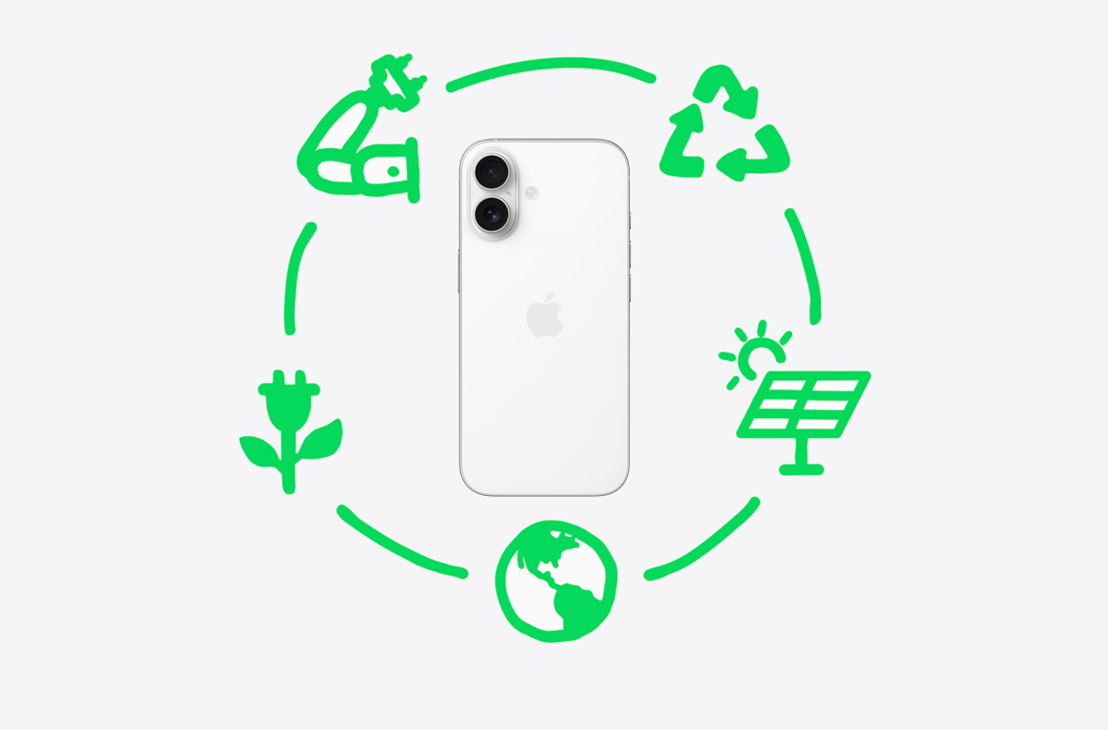 圖像圍繞白色外觀 iPhone 17 的機(jī)身背面，展示 Apple 在回收及循環(huán)使用物料方面採(cǎi)取的步驟，包括設(shè)計(jì)與採(cǎi)購(gòu)、製造、包裝與運(yùn)輸、使用及拆解。