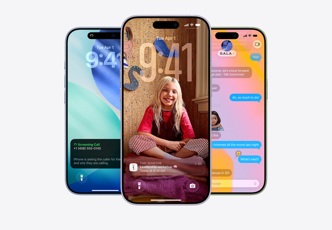 iPhone 螢?zāi)伙@示通話篩選功能彈出式通知；iPhone 螢?zāi)灰?Liquid Glass 設(shè)計(jì)顯示日曆 app 彈出式通知、iPhone 螢?zāi)伙@示訊息 app 中的訊息討論串採(cǎi)用 Liquid Glass 背景