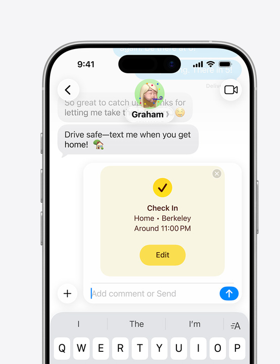 iPhone 螢?zāi)伙@示正在訊息 app 的訊息討論串中使用報(bào)平安功能