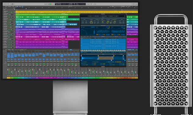 Un vaste projet multipiste Logic Pro affiché sur un moniteur, à c?té d’un Mac Pro.