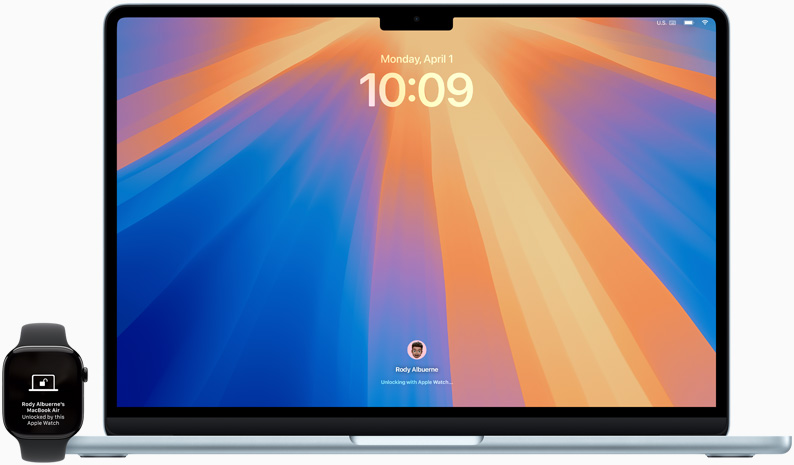 Frontansicht eines MacBook Pro, das mit einer Apple Watch entsperrt wird.
