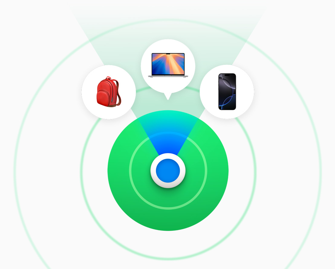 Darstellung der ?Wo ist?? App und einiger Ger?te, die sie tracken kann, darunter ein Mac Laptop und ein iPhone.